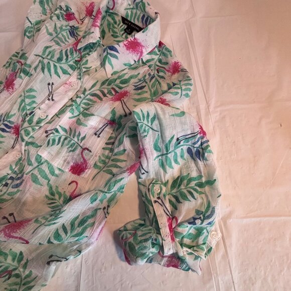 Zac & Rachel Women’s Flamingo Print Button-Up Shirt Size M Green/Pink Tropical - Picture 6 of 8